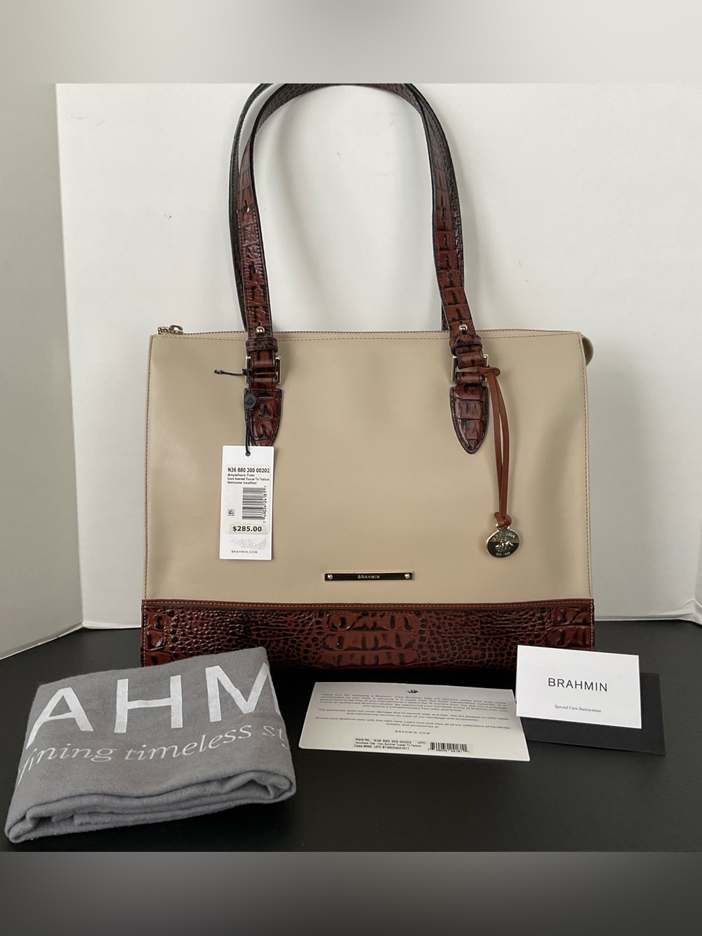 Brahmin Anywhere Tote Ivory Summer with Brown Croc-Trimmed Accents